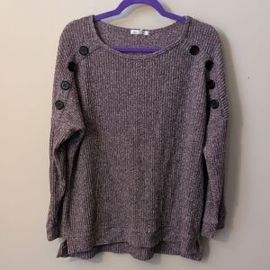 Button-Shoulder Ribbed Scoop Sweater - Mauve